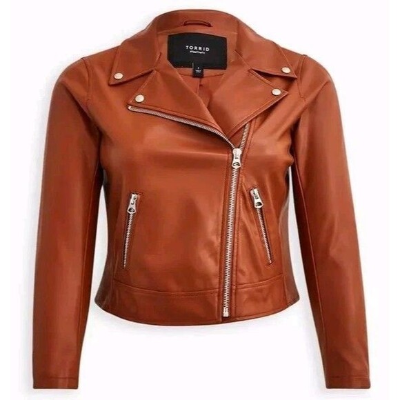 Torrid Size 3x Cognac Brown Faux Leather Asymmetrical Moto Jacket - Picture 2 of 14